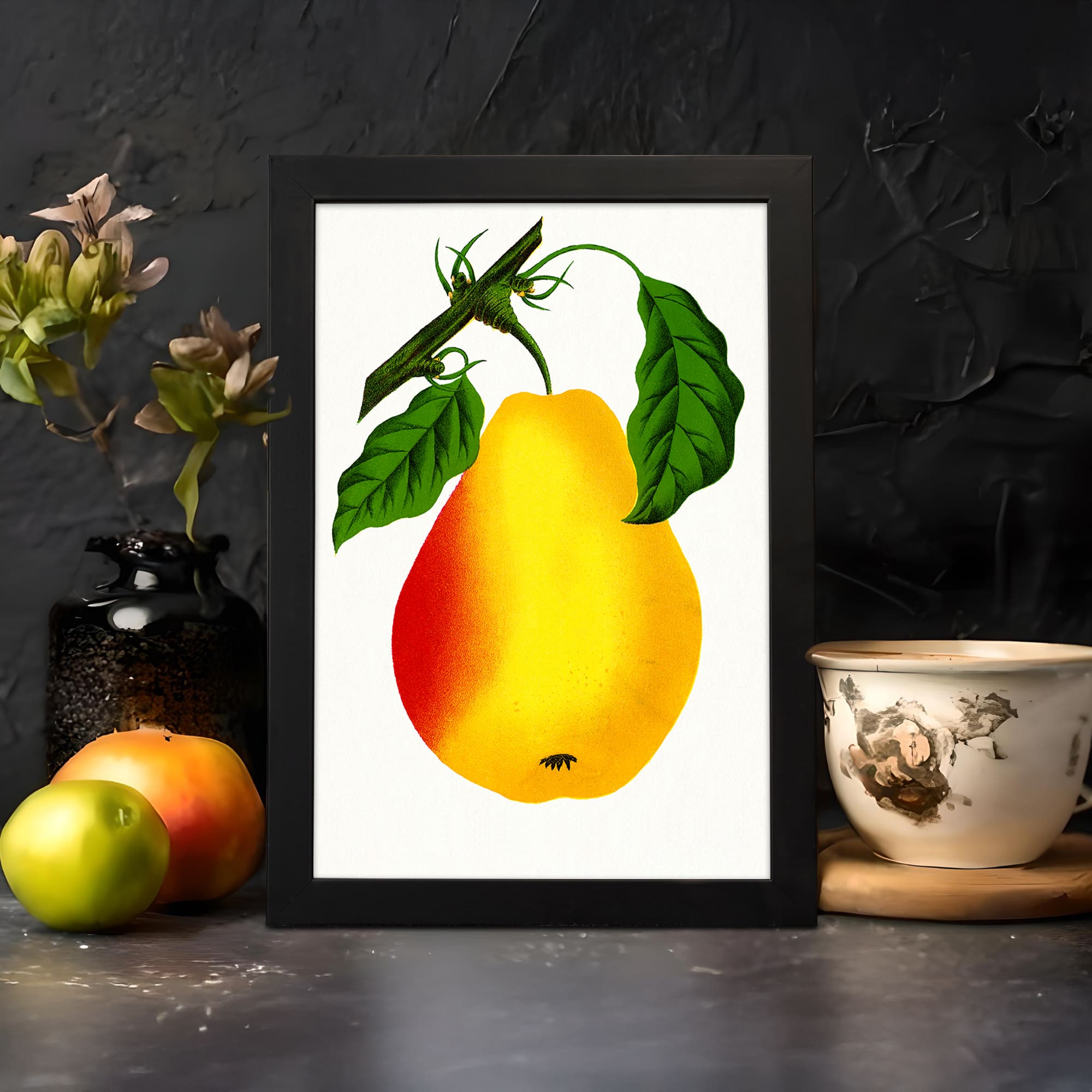 Vintage botanical wall art of a ripe yellow-red pear with green leaves on a white background by Infidu. displayed on the wall