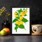 Vintage botanical art print of yellow raspberries on a green leafy branch with a white background from Infidu. displayed on the wall