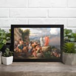 Infidu vintage wall art featuring a classical historical scene with figures in period attire set against a rocky landscape and a partly cloudy sky. displayed on the wall art in a black frame