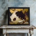 Vintage wall art of mother bear and cubs walking through snowy forest in warm earthy tones. displayed on the wall