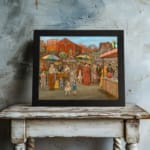 Lively vintage market scene with colorful umbrellas, people, and warm earthy tones in a nostalgic old-town setting. displayed on the wall