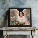 Infidu Serene Angelic Woman vintage wall art print showing a peaceful woman in a white gown with flowers and glowing background. displayed on the wall