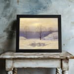 Serene winter landscape with snowy trees and soft sky in vintage art style. displayed on the wall