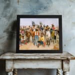 Vintage wall art of cowboys and Native Americans in a desert scene with warm earthy colors and a painterly style. displayed on the wall