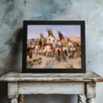 Vintage wall art of Native American tipi scene with horses, people, and earthy tones in a peaceful open landscape. displayed on the wall