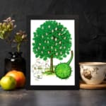 Vintage botanical illustration of a green tree with white blossoms and a spiky fruit on a white background. displayed on the wall
