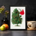 Botanical illustration of a red berry tree with green leaves and vivid red berries on a white background. displayed on the wall