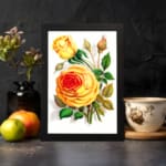 Infidu Vintage Yellow Rose Botanical Wall Art with vibrant yellow roses and green leaves on a white background. displayed on the wall