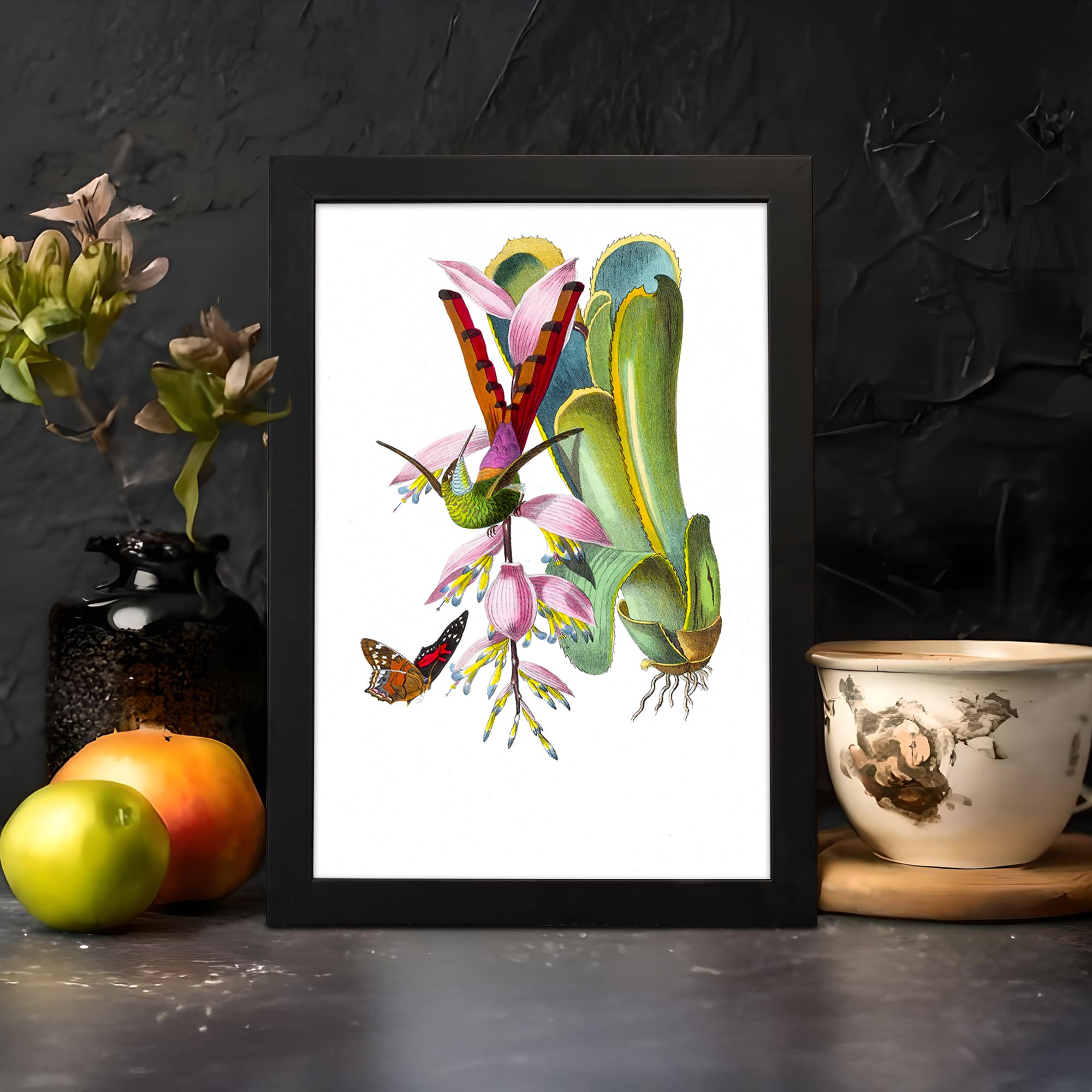 Colorful vintage wall art of two birds among pink flowers with a butterfly on a white background, framed in black. displayed on the wall