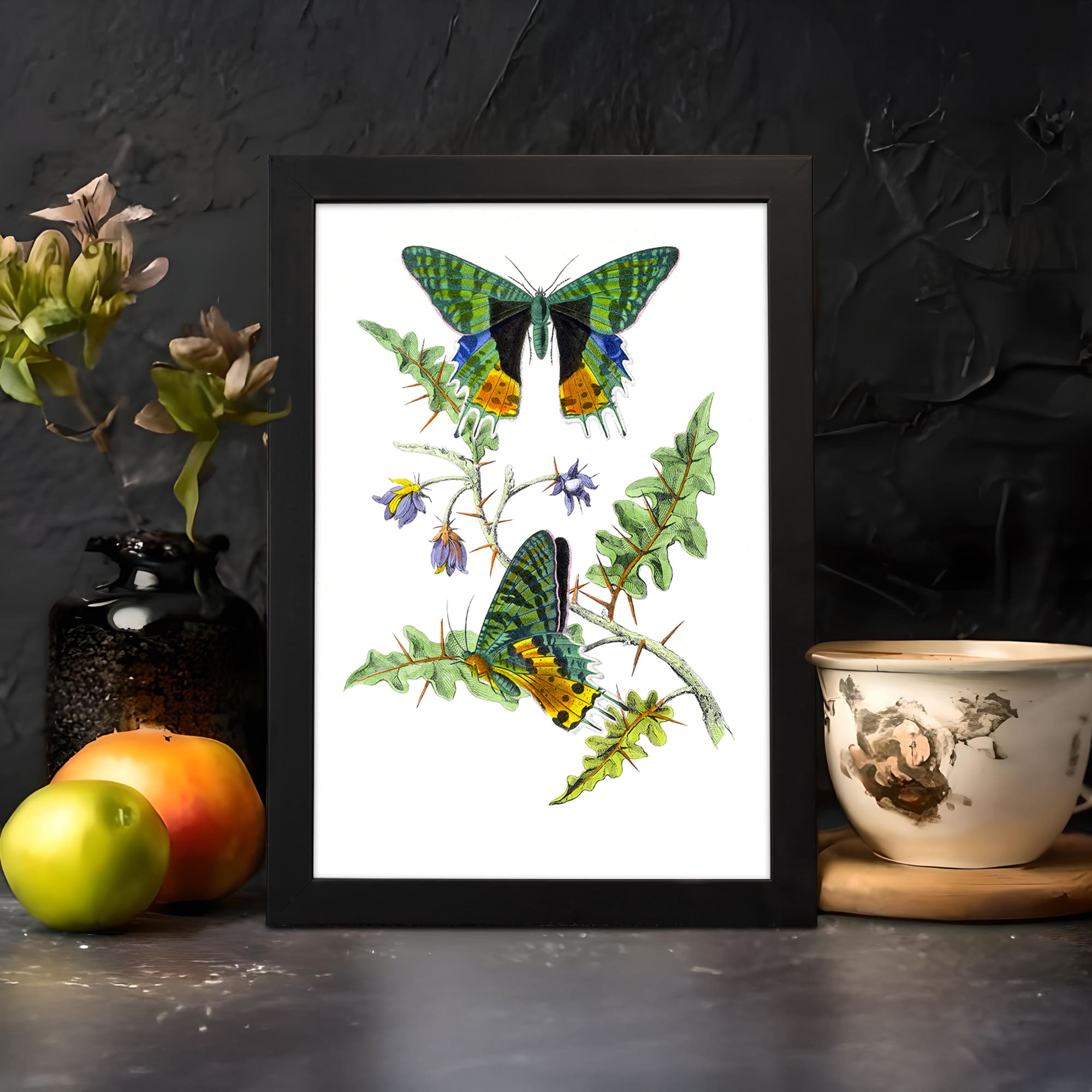 Vintage art of colorful butterflies on green plants with purple flowers, set against a white background, framed in black. displayed on the wall