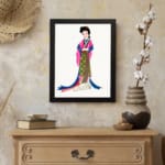 Vintage art of a graceful woman in colorful traditional clothing with flowing ribbons. displayed on the wall