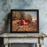 Two horses in a countryside setting with trees, grass, and soft sky tones, framed in black – vintage wall art by Infidu. displayed on the wall