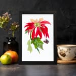 Vintage wall art print of a red flower with peach petals, green leaves, and a black and purple butterfly on a white background. displayed on the wall