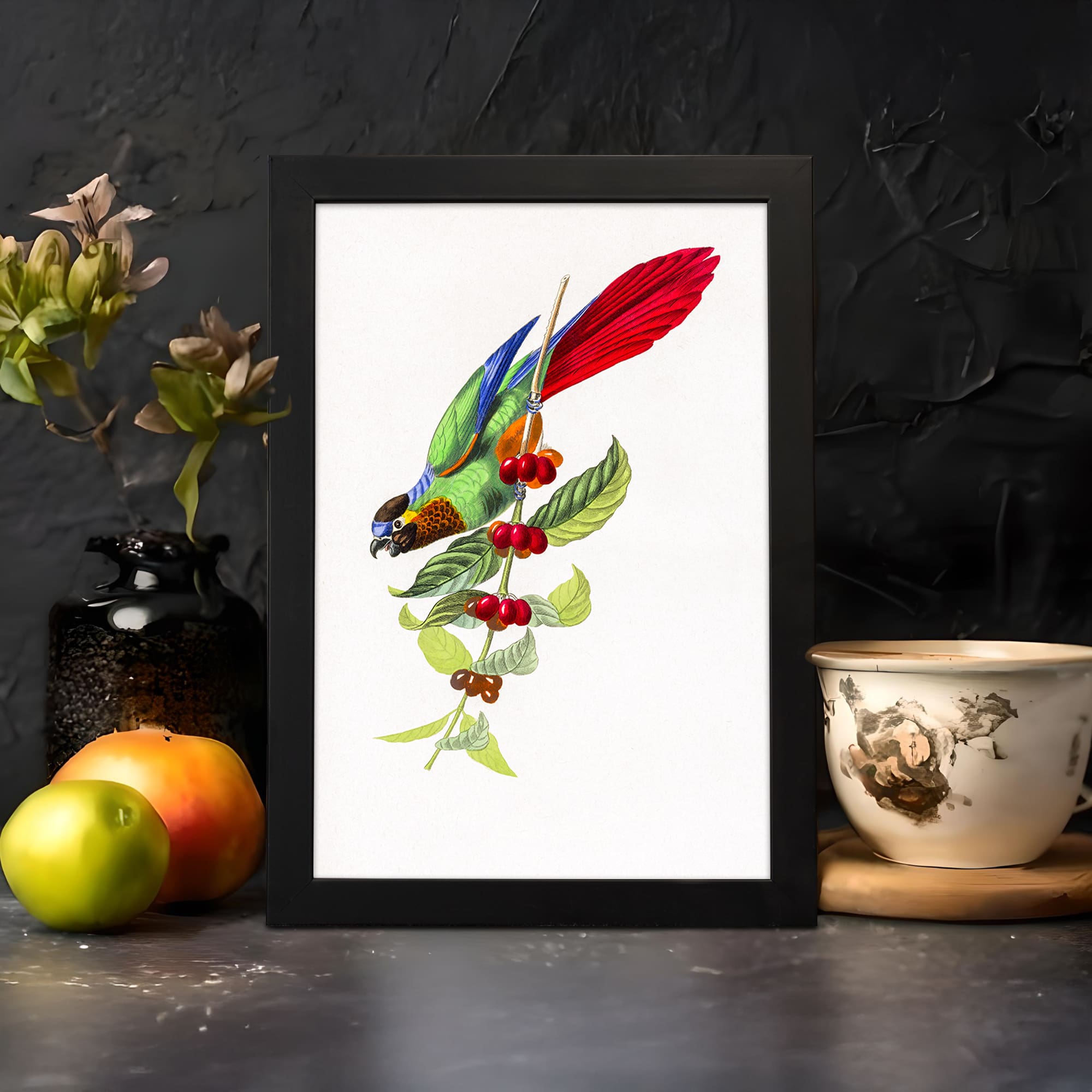 Colorful bird with red tail perched on a leafy branch, Infidu vintage wall art. displayed on the wall