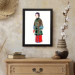 Vintage wall art of a cultural figure wearing a brown robe with green and blue details, red pants, and a plain white background. displayed on the wall