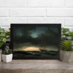 Vintage wall art of a sailing ship on a stormy sea with dark waves and a dramatic, cloudy sky. displayed on the wall