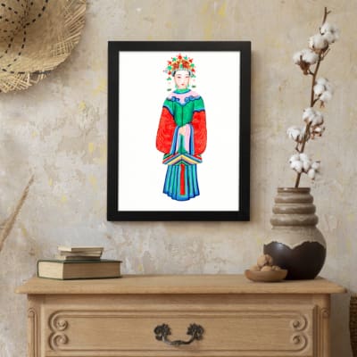 Traditional figure in colorful cultural dress with floral headdress – Infidu vintage wall art displayed on the wall
