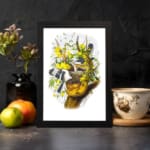 Vintage wall art showing two black and white birds flying near a tree branch with green leaves and bright yellow flowers on a white background. displayed on the wall