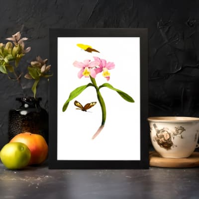 Infidu vintage wall art with pink flowers and butterflies on a white background. displayed on the wall