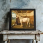Vintage wall art of a white horse standing calmly inside a rustic wooden stable with a peaceful countryside view. displayed on the wall