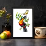Colorful bird on a leafy branch with a yellow butterfly – vintage wall art with a vibrant nature scene displayed on the wall