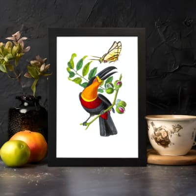 Colorful bird on a leafy branch with a yellow butterfly – vintage wall art with a vibrant nature scene displayed on the wall