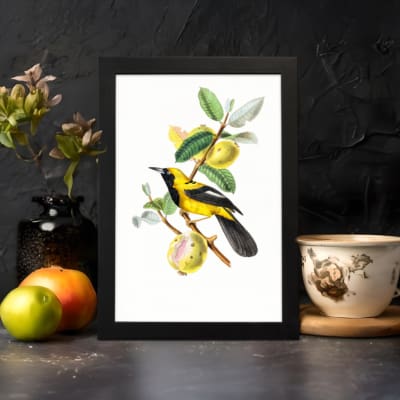 Yellow bird on a branch with green leaves and soft yellow fruits – Infidu vintage wall art displayed on the wall