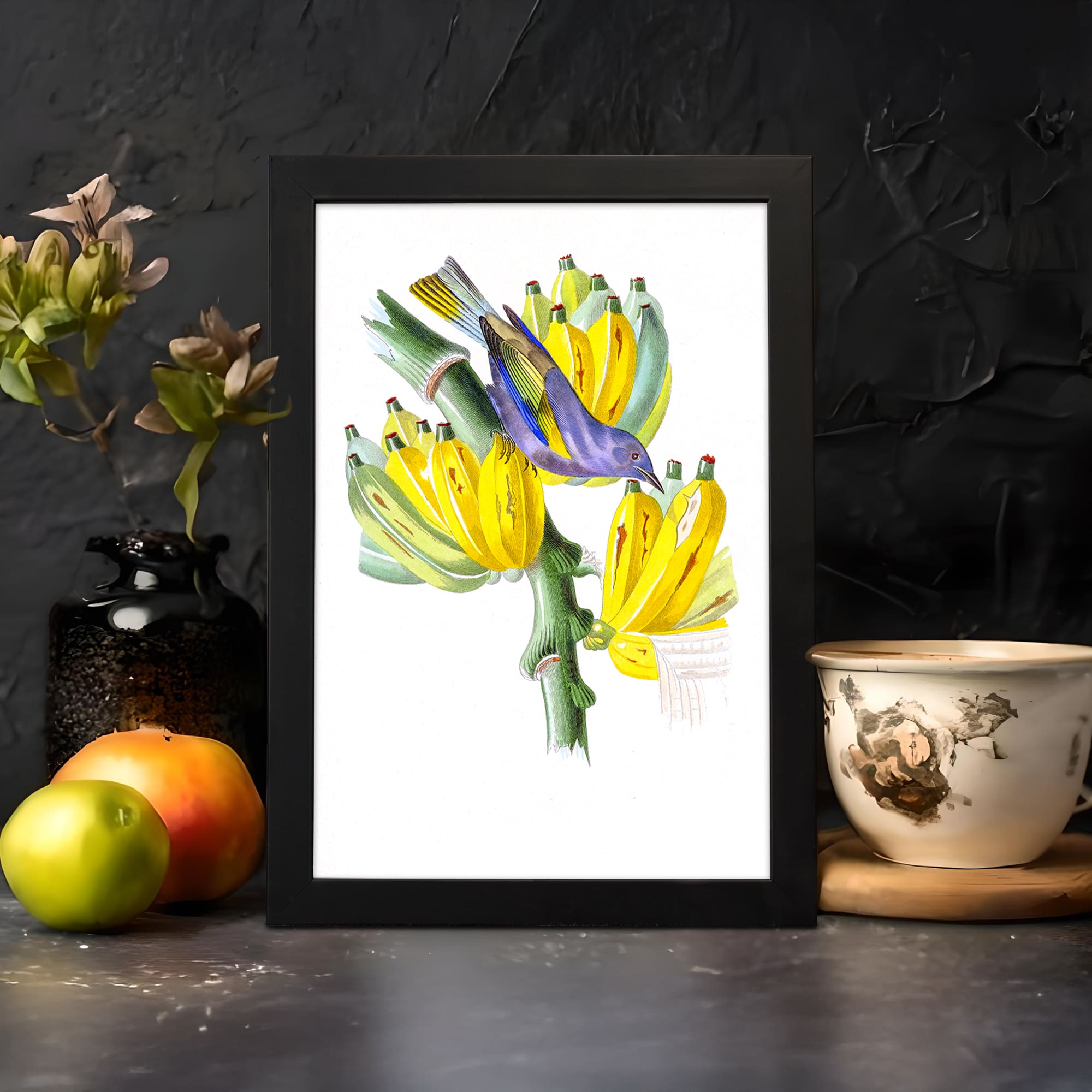 A colorful bird perched on yellow bananas with a white background in vintage wall art by Infidu. displayed on the wall