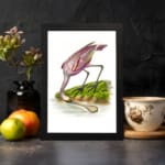 Pink bird bending near water with grass and earthy background in vintage style. displayed on the wall