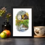 Vintage wall art showing two detailed seashells with seaweed on a white background, framed in black for a coastal nature-inspired look. displayed on the wall