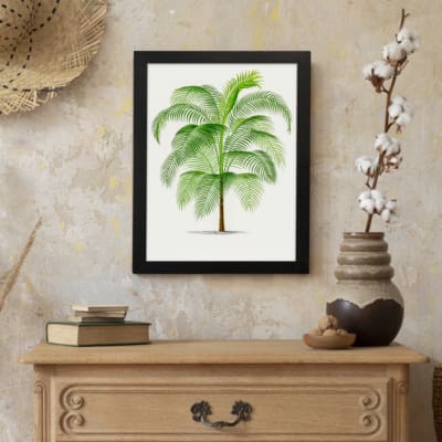 Vintage wall art of a green palm plant with long, arching leaves and a light brown trunk, framed in black. displayed on the wall
