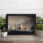 Vintage naval battle wall art showing ships in combat on stormy seas with dramatic smoke and cannon fire. displayed on the wall