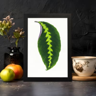 Vintage wall art showcasing a bold green leaf with a yellow-green zigzag pattern and purple edge, framed in black for an elegant finish. displayed on the wall