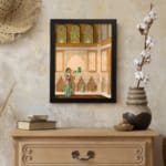 Vintage wall art of a royal Mughal room with a woman in colorful attire holding a vase, detailed with arches, patterns, and classic hues. displayed on the wall