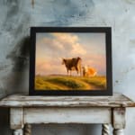 Vintage wall art showing two cows in a grassy field beneath a warm, glowing sky with rolling hills in the background. displayed on the wall