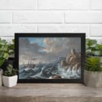 Vintage wall art of a dramatic ocean storm with waves, rocky cliffs, and a stone tower. displayed on the wall