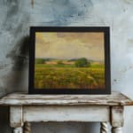 Infidu vintage countryside wall art with rolling hills and open fields in warm, earthy tones. displayed on the wall