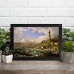 Vintage coastal wall art with waves, a lighthouse, and mountains. displayed on the wall