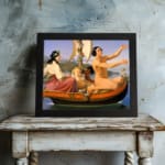 Vintage wall art of an elegant boat scene with people, floral details, and calm water. displayed on the wall