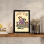 Vintage Japanese woman wall art with cherry blossoms in soft pink, wearing a purple kimono on a beige background. displayed on the wall