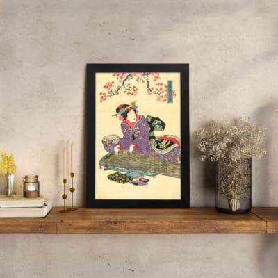 Vintage Japanese woman wall art with cherry blossoms in soft pink, wearing a purple kimono on a beige background. displayed on the wall