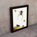 Infidu vintage wall art featuring detailed insects, including a beetle, butterfly, and smaller bugs, set against an off-white background with a touch of wild landscape. displayed on the wall art in a black frame