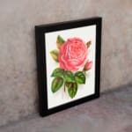 Vintage pink rose in full bloom with green leaves on a white background. displayed on the wall