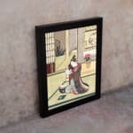 Infidu Asian-style vintage wall art featuring a traditionally dressed couple in a serene indoor setting with intricate details. displayed on the wall in a black frame