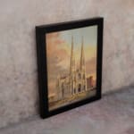Majestic cathedral at sunset with pointed spires and warm-toned sky in vintage wall art design. displayed on the wall