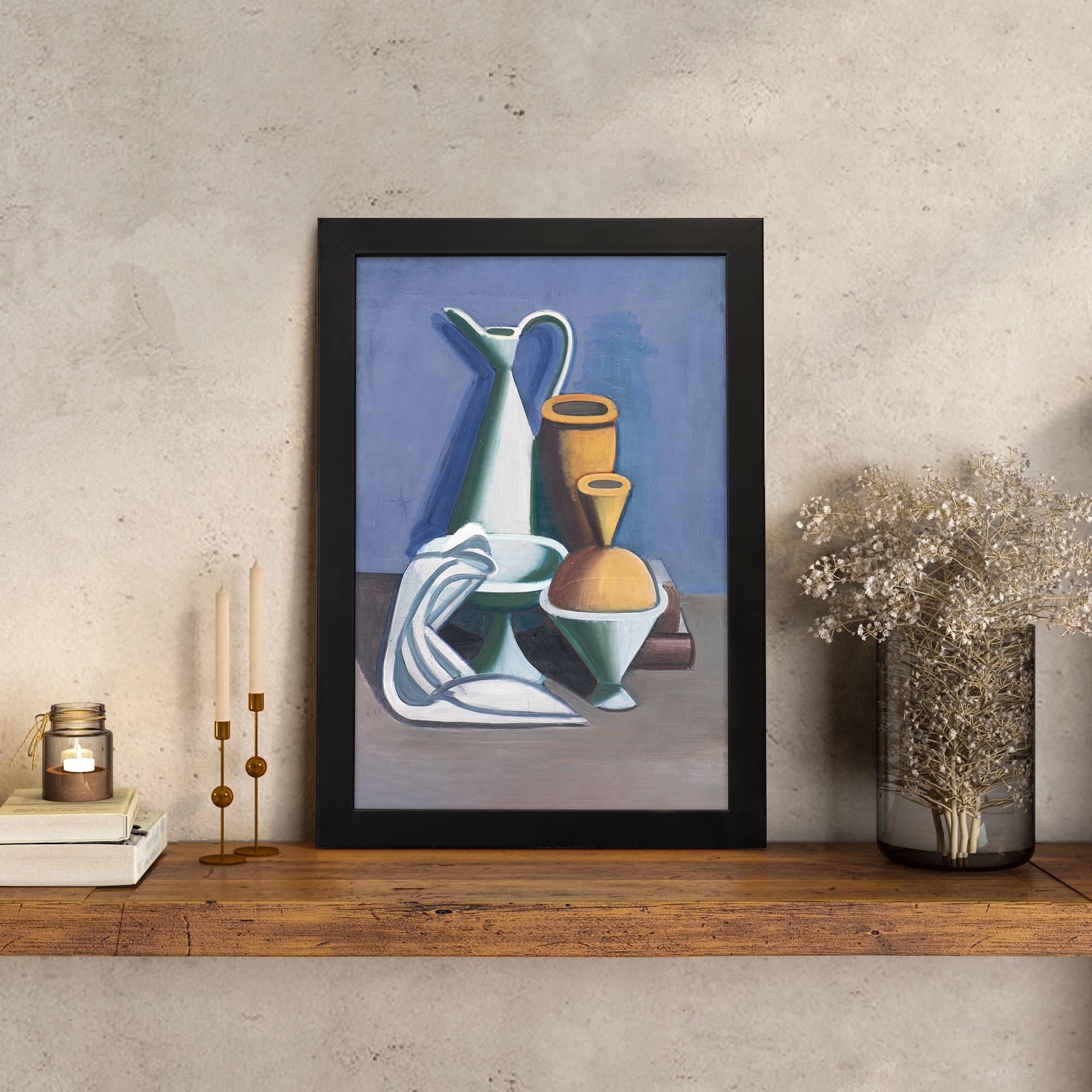 Modern still life vintage wall art with abstract vases in cool blue and gray tones on a solid background. displayed on the wall