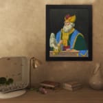 Infidu vintage wall art featuring a regal historical figure in royal robes, holding a scepter against a bold black background. displayed on the wall art in a black frame