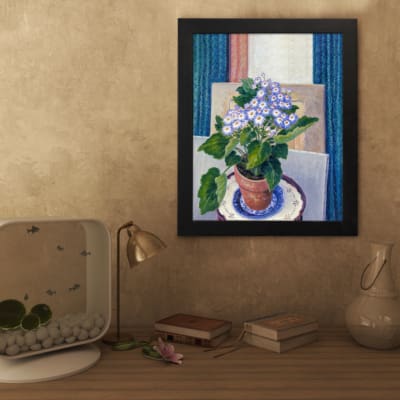 Vintage wall art with potted purple flowers and terracotta pot on a blue and white plate, set against a soft geometric background. displayed on the wall