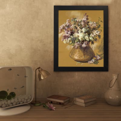 Vintage floral bouquet in a golden vase on a yellow background. displayed on the wall