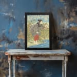 Infidu vintage wall art featuring a Japanese woman in a kimono with intricate details, set against a scenic background of blue sky, flowers, and water. displayed on the wall art in a black frame